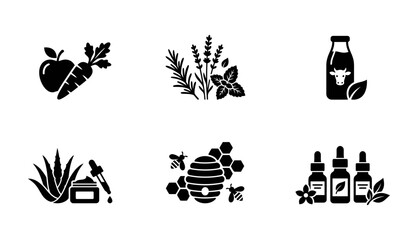 Obraz premium Natural Ingredients Icons, Organic Food & Skincare Symbols, Herbal Remedies & Bee Products, Essential Oils Set