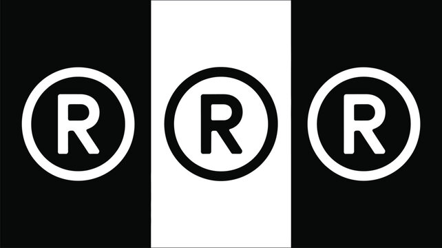 Registered trademark symbol icons, outline and solid style vector set featuring R mark for legal protection, brand ownership, intellectual property, and product identification isolated on white backgr