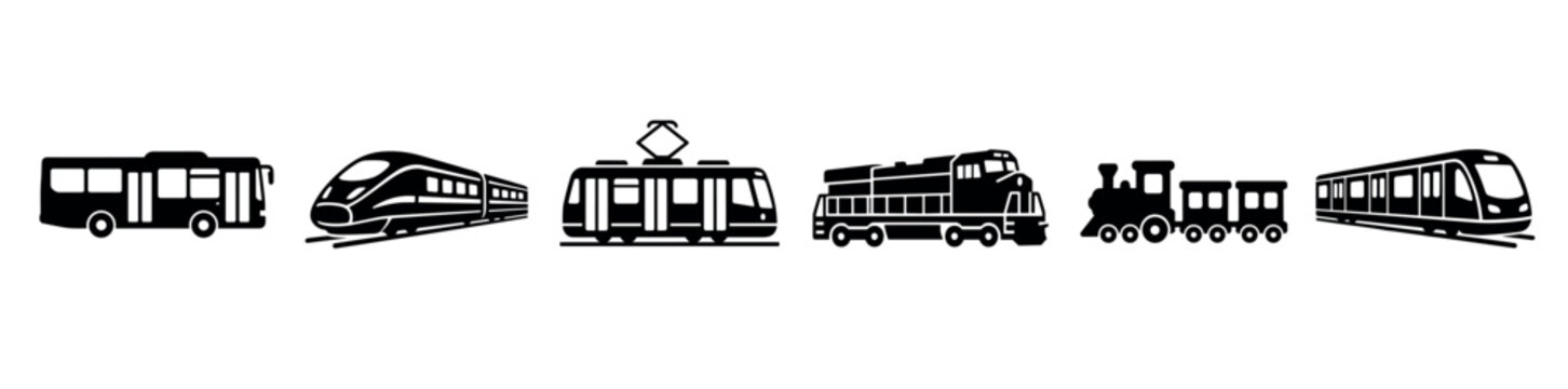 Public transport icons set including bus train tram locomotive steam engine and subway metro for urban transit and logistics design elements