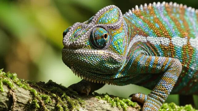 Macro shot of a vibrant chameleon with iridescent rainbow scales and detailed skin texture perched on a mossy tree branch against a blurred green forest background in daylight.