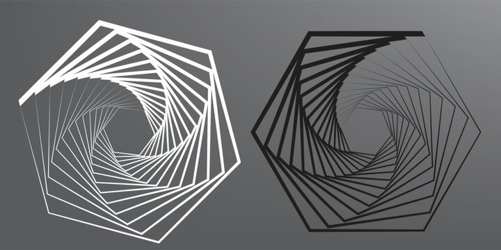 Abstract grey gradient background featuring a decorative set of monochrome black and white repeating pentagon vortex line patterns. Minimalist geometric optical illusion element for designs.