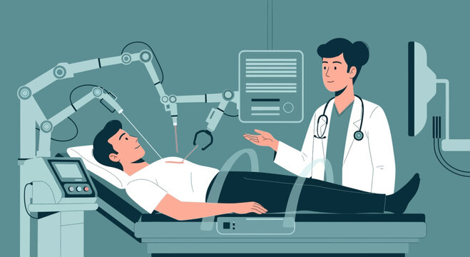 Doctor and Robot Surgeon Performing Futuristic Medical Procedure with Patient