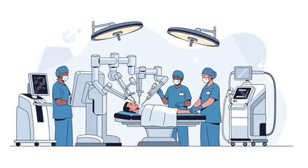 Fototapeta premium Robotic Surgery Team Operating on Patient in Modern Operating Room