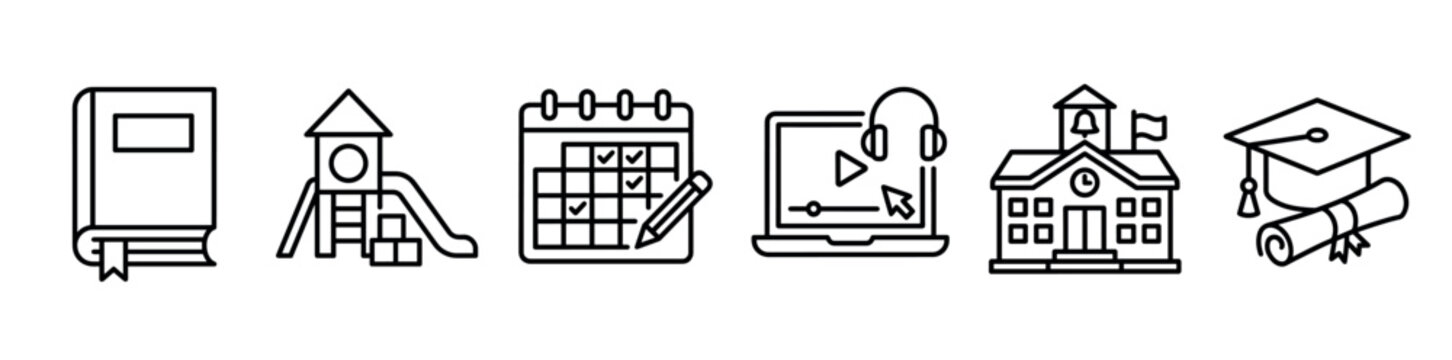 Education and school line icon set featuring a book, playground, calendar, online learning laptop, school building, and graduation cap with diploma for academic concepts
