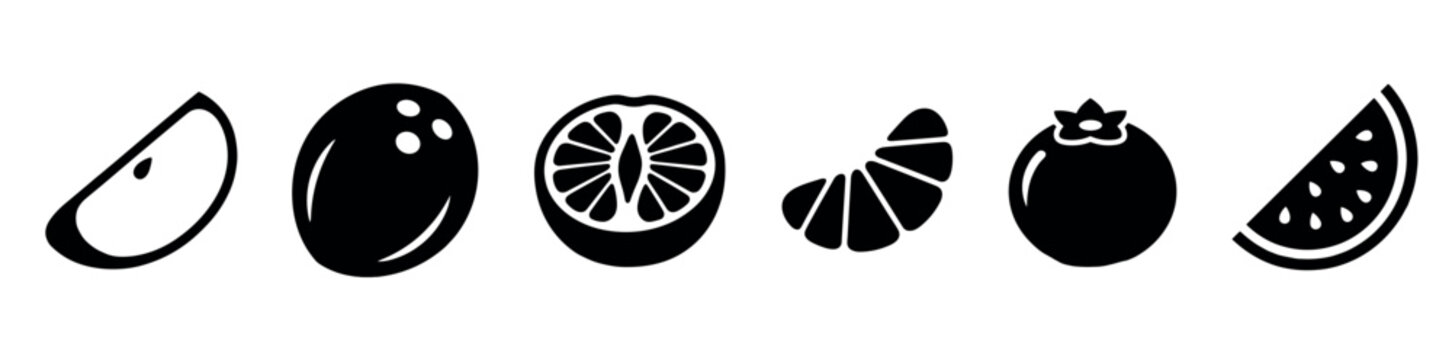 Fruit icons set including apple slice coconut orange half mandarin segment blueberry and watermelon slice for healthy food design and organic nutrition concepts