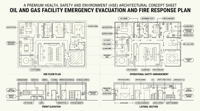 Oil and Gas Facility Emergency Evacuation and Fire Response Plan Architectural Concept Vector for Industrial Safety, HSE Training & Engineering (EPS)