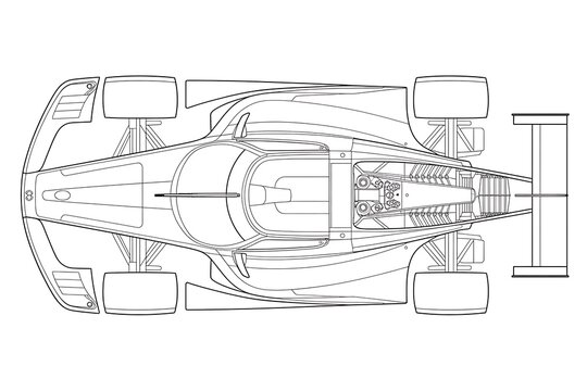 Top view technical drawing of a futuristic race car chassis