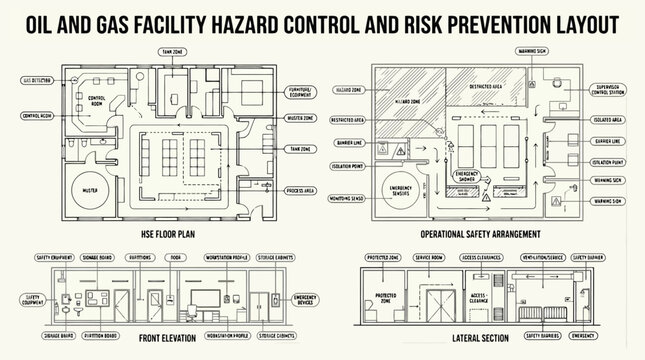 Oil and Gas Facility Hazard Control and Risk Prevention Layout Vector for Industrial Safety Training, Engineering Projects & Operational Management (EPS)