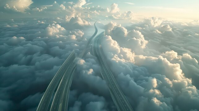 Highway through clouds, aerial view.