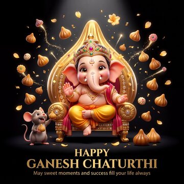 Little ganesha sitting on a golden throne with a happy mouse offering sweet modaks during a festive celebration with magical sparkles and radiant lighting