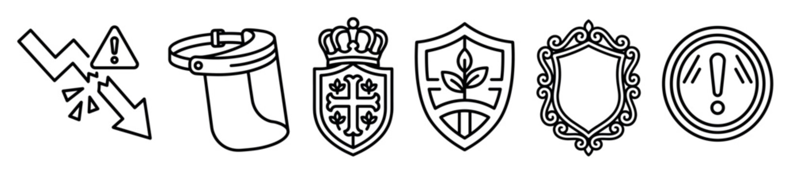 Protection and warning line icons including a face shield heraldic crest ornate shield frame and exclamation mark symbols for safety and security concepts