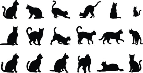 Collection of fifteen black cat silhouettes in various poses © Chayan