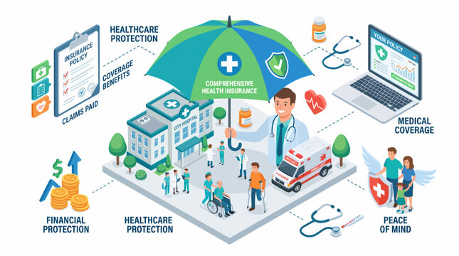 Comprehensive Health Insurance Concept with Doctor, Hospital, and Patients.