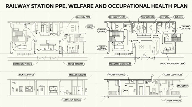 Railway Station PPE Welfare and Occupational Health Plan Architectural Blueprint Vector for Infrastructure Safety, Construction Management & Industrial Compliance (EPS)