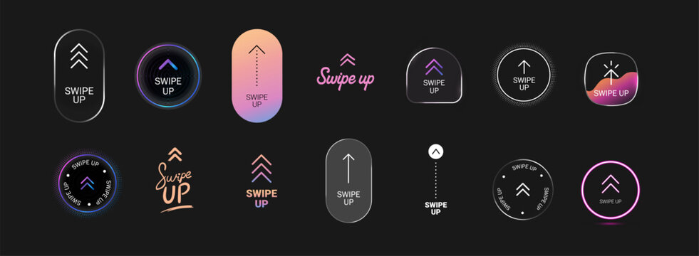 Swipe up button set in glass style, modern view. Clean UI icon for mobile interfaces, stories and digital media with gradient effects and modern transparent look. Vector illustration