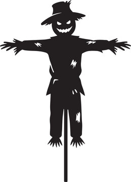 Scary silhouette of a scarecrow with outstretched arms a spooky Halloween character for autumn decoration and design isolated on white background