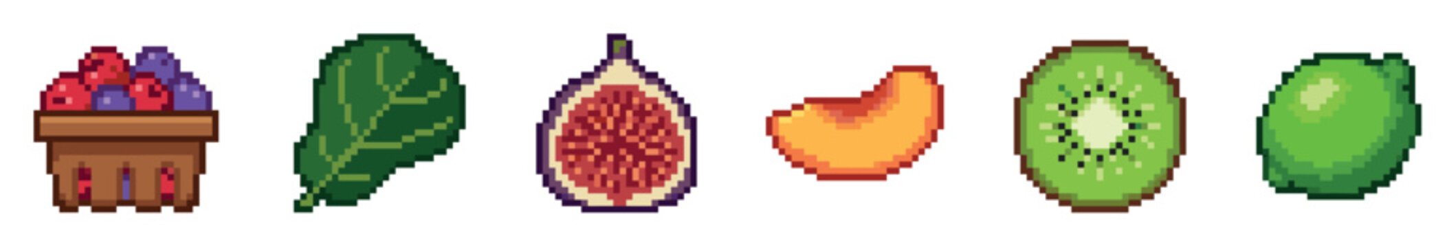 Pixel art fruit and vegetable icons including a basket of berries, green leaf, sliced fig, peach wedge, kiwi slice, and a whole lime for retro game design and digital assets