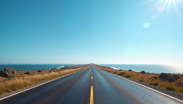 wide open road stretching along the coast under a clear blue sky with sun rays illuminating the scene, concept travel and exploration