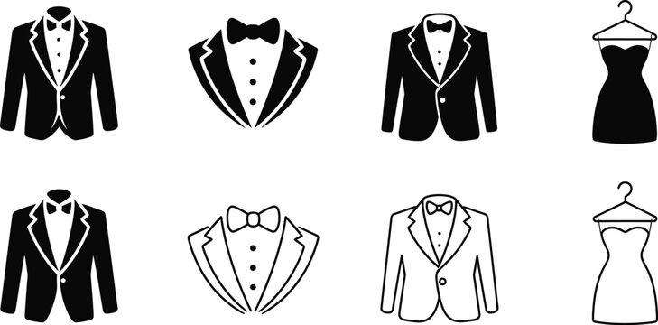 Dress, code icon set, formal clothing symbols including suit shirt tie and hanger for fashion events and special occasions