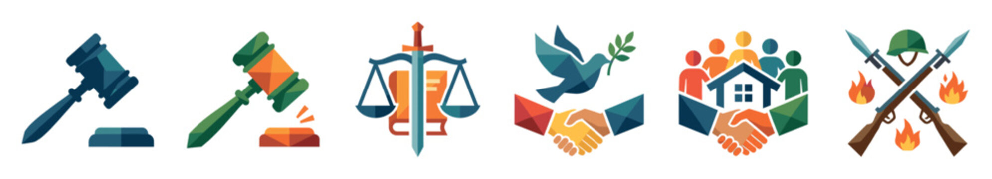 Law and justice icons including gavels, scales of justice, peace dove, community handshake, and military symbols representing legal systems, conflict, and social order