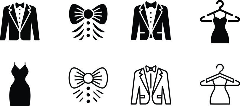 Dress code, icon set, clothes shirt suit tie and hanger symbols for weddings ceremonies celebrations festivals and formal events