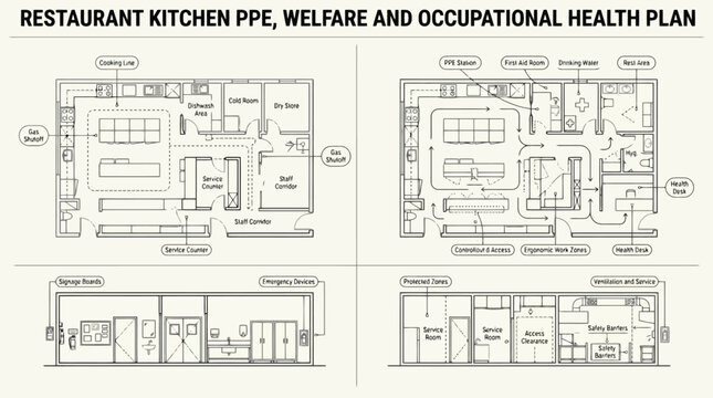 Restaurant Kitchen PPE Welfare and Occupational Health Plan Floor Map Vector for Safety Training, Facility Management & Compliance Documentation (EPS)