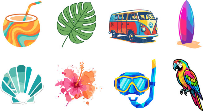 Tropical summer vacation vector illustration collection featuring retro camper van surfboard hibiscus flower parrot and beach elements