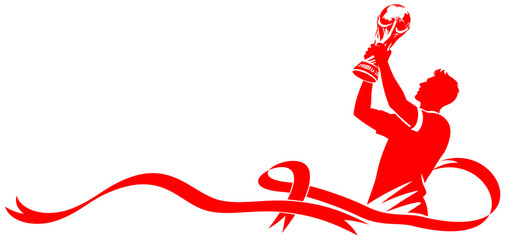 Vector red silhouette illustration of a soccer player carrying the World Cup trophy with a red ribbon. © Friz