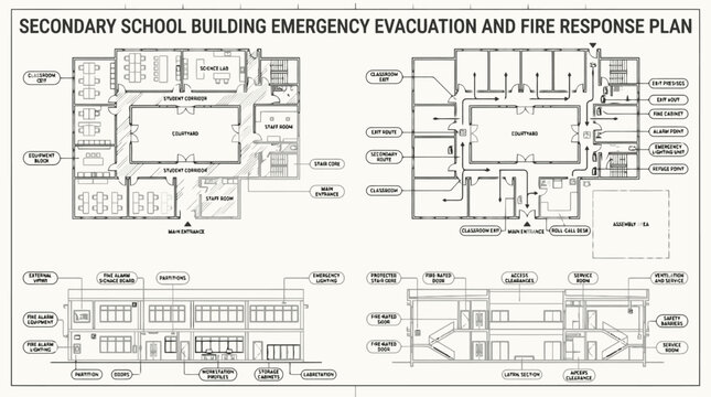 Secondary School Building Emergency Evacuation and Fire Response Plan Vector for Educational Safety, Architectural Blueprints & Facility Management (EPS)