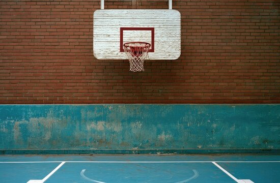 Empty indoor court with brick wall, hoop, and painted lines