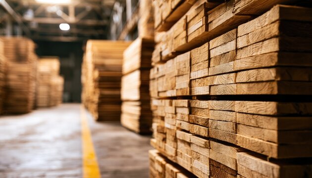 Stacked lumber in a dimly lit warehouse