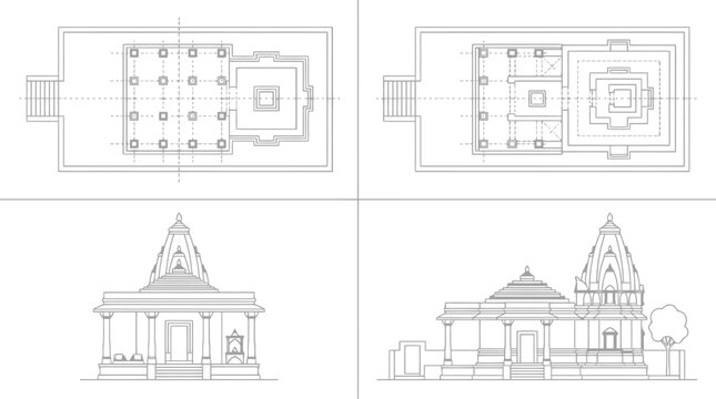 Ancient Hindu Temple Architectural Blueprint and Elevation Vector Illustration for Historical Research, Construction Planning & Cultural Education (EPS)