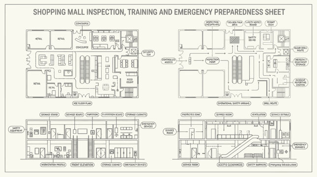 Shopping Mall Inspection Training and Emergency Preparedness Sheet Floor Plan Vector for Retail Safety, Facility Management & Security Training (EPS)