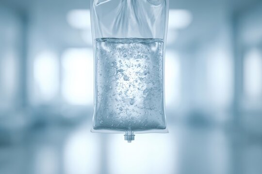 Clear saline solution drips from a medical bag in a hospital hallway