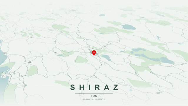 Modern minimalist vector map of Shiraz, Iran. High-quality scalable illustration of Shiraz city grid, Eram Garden contours, and Fars provincial highway networks for posters design.