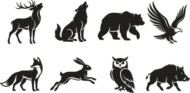 Wild forest animals black silhouettes set featuring roaring deer howling wolf walking bear eagle fox rabbit owl and wild boar in image_a2d184.png