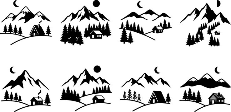 Set of eight black and white mountain landscape icons with pine trees and small cabins in minimalist vector style