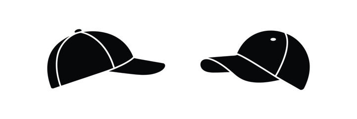 Fototapeta premium Baseball Cap Vector Icons Set Featuring Black Silhouette Baseball Hat Designs for Sports Apparel Graphics