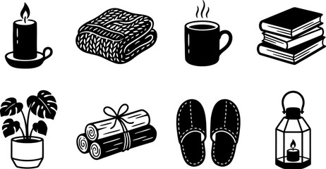 Autumnal cozy vibes black and white vector icon set featuring candle blanket coffee books plant wood logs and lantern © Vecto_Pixels