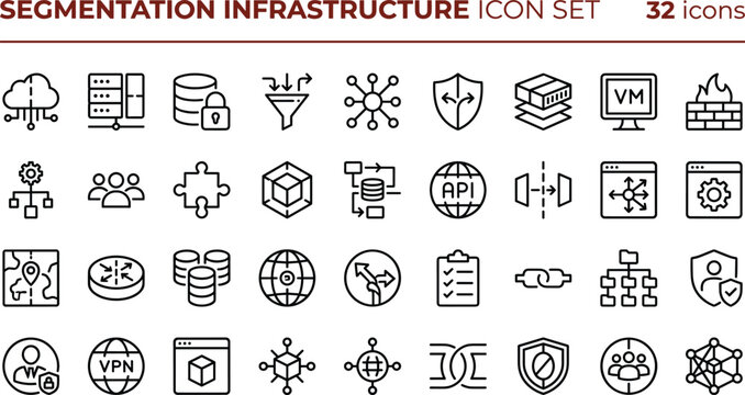 Comprehensive vector icon set of network segmentation, cloud infrastructure, server management, cybersecurity, and virtualization symbols in flat design