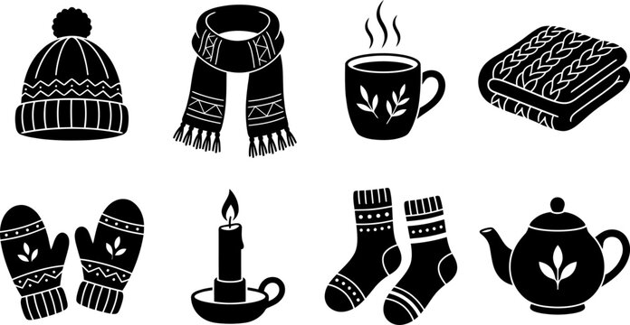 Winter fashion and warmth black and white icon set with hat scarf coffee blanket mittens candle socks and teapot