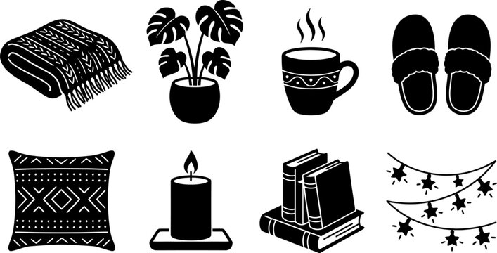 Cozy home interior black and white icon set with blanket plant coffee slippers pillow candle books and string lights