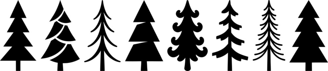 Varied coniferous tree silhouettes depicting different species and shapes in a clean black vector forest set © Vecto_Pixels