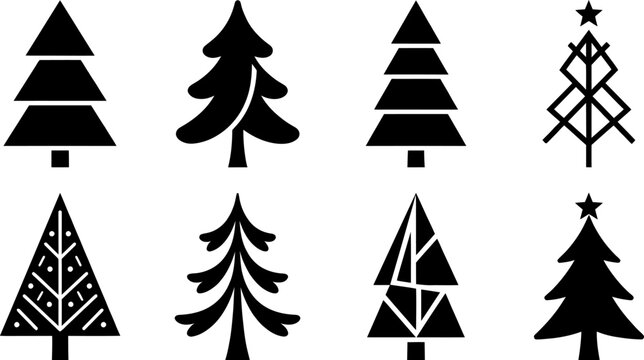 Modern geometric christmas tree icons with star toppers and creative patterns in a black vector set for holidays