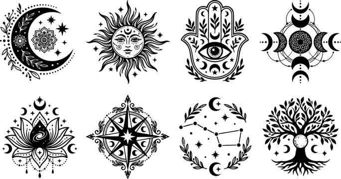 Boho mystical symbol set with hamsa moon sun lotus and tree of life in black ink vector illustration style