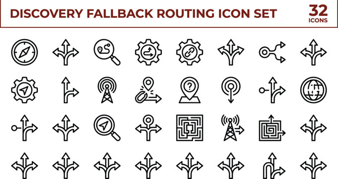 Comprehensive vector icon set of network discovery, fallback routing, system navigation, connectivity, and digital workflow symbols in flat minimal design