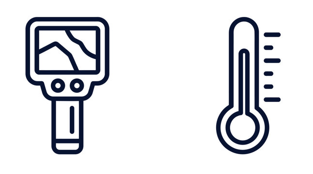Thermal imaging camera and thermometer icons, infrared heat scanner vector set, temperature measurement tools for industrial inspection