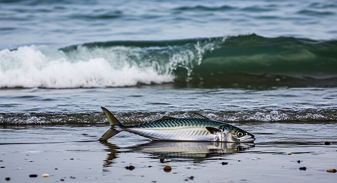 Atlantic mackerel fish lying on the sandy beach shore