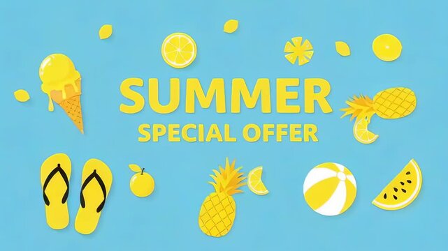 Bright summer special offer with yellow beach icons and tropical fruit on blue background, subtle horizontal pan revealing flipflops, pineapple and ice cream.