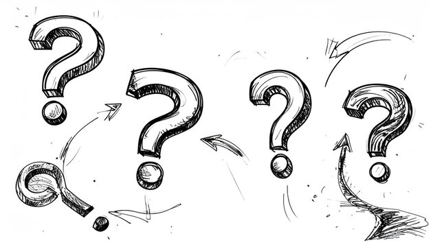 Four sketched question marks in a line, arrows indicating a curious flow